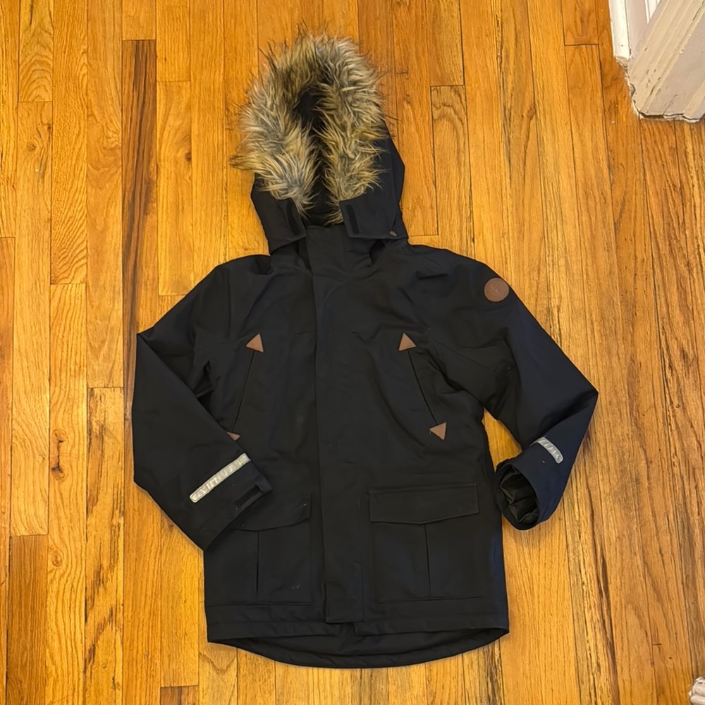 Polarn O,Pyret Kids Black Winter Parka Jacket with Faux Fur Hood